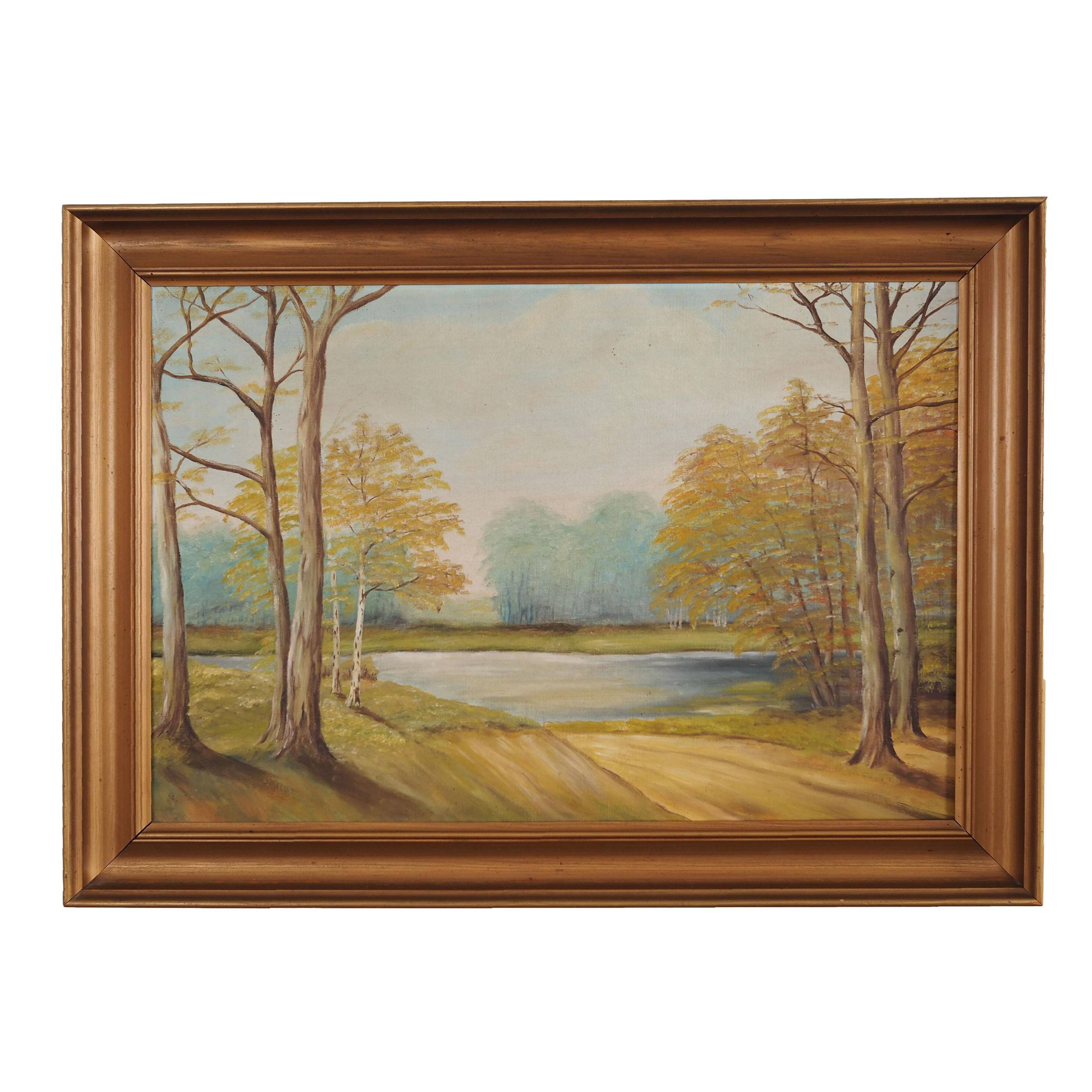 Painting „Two Birch by the Pond”, Scandinavian design, 1970s