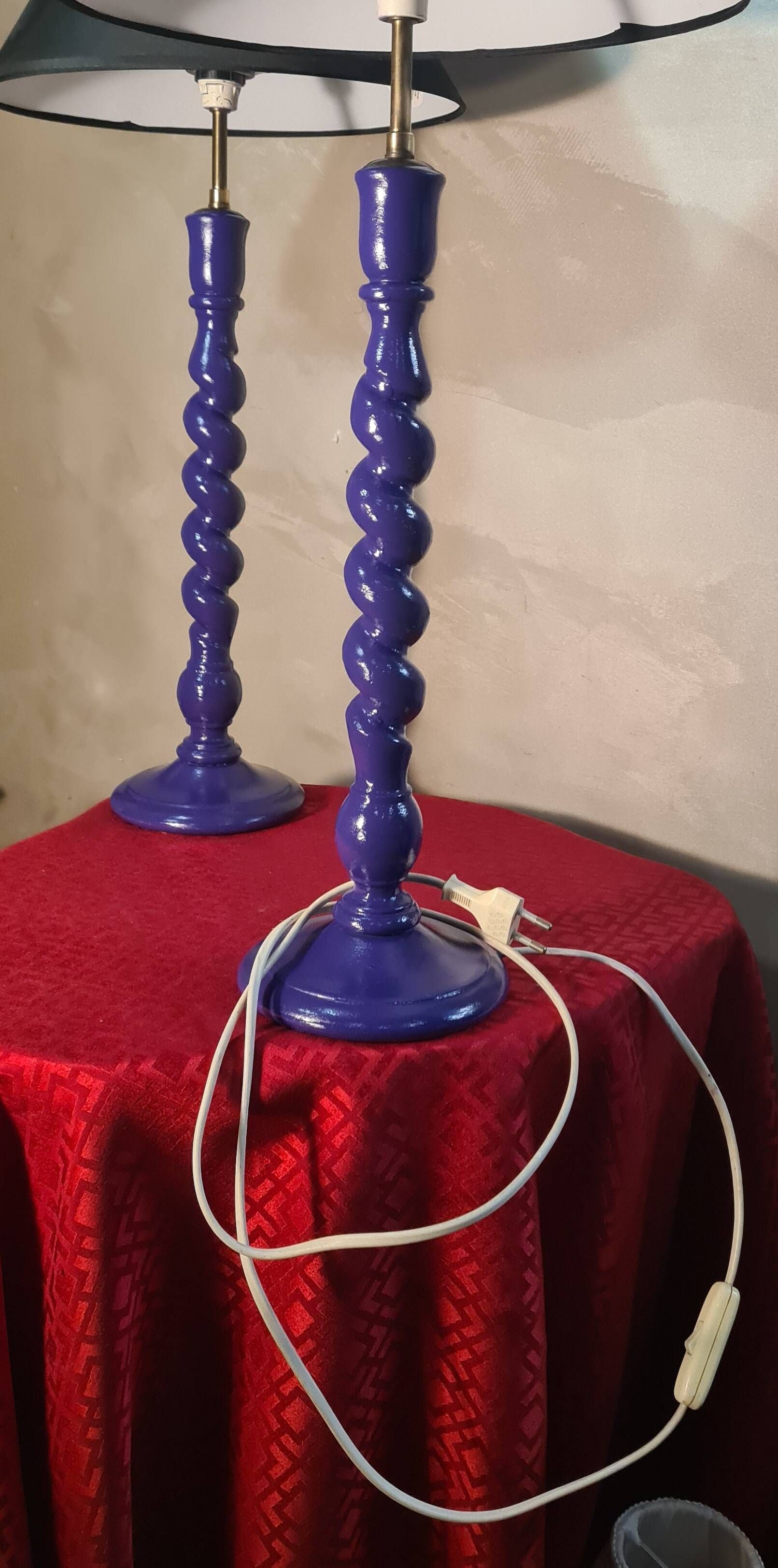 pair of twisted wooden lamps purple electric check 62x30