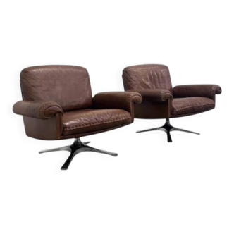 Set cognac leather De Sede DS31 lounge chairs, 1970s