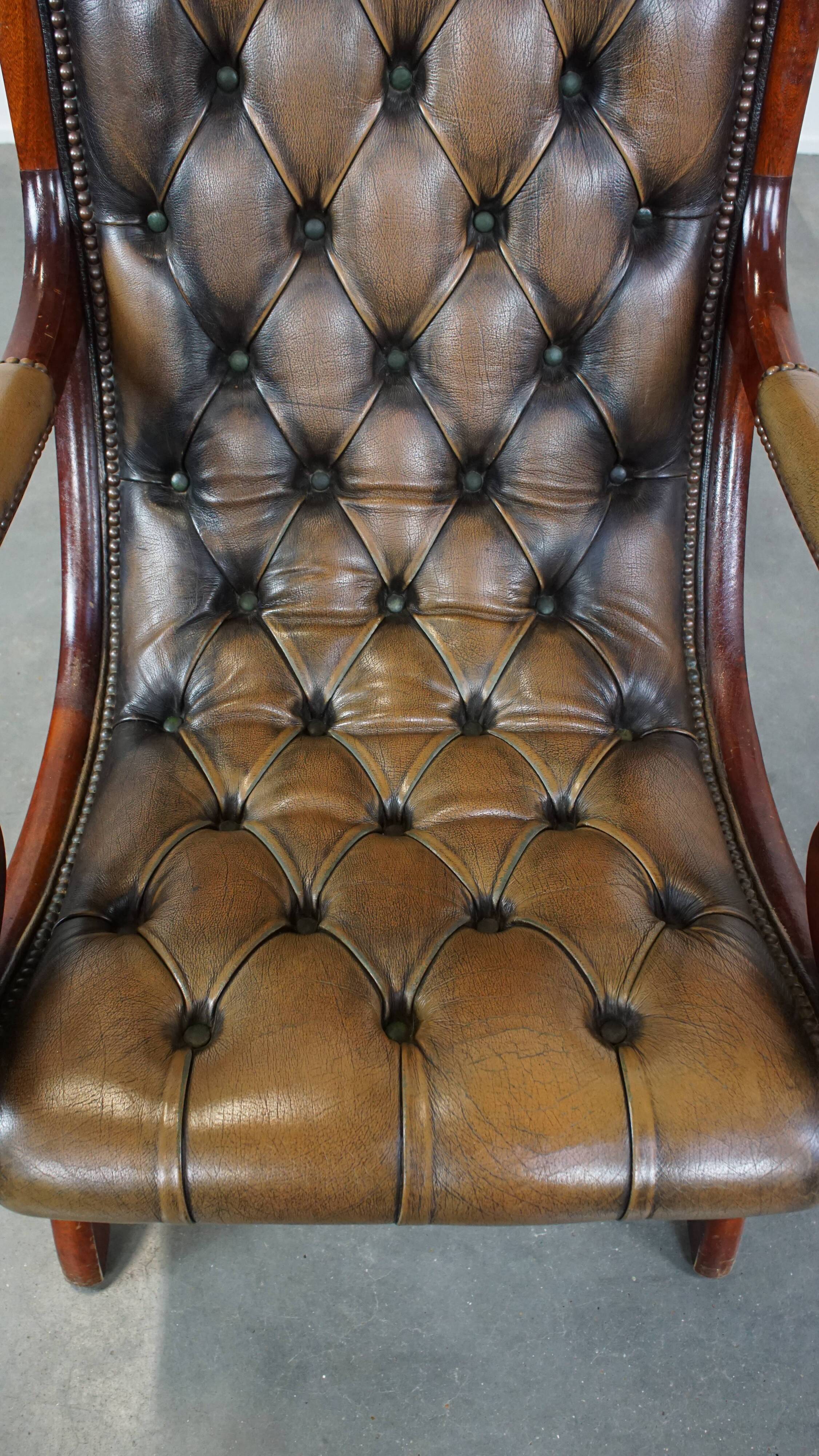 Green Vintage English Chesterfield Armchair with Wood Accents