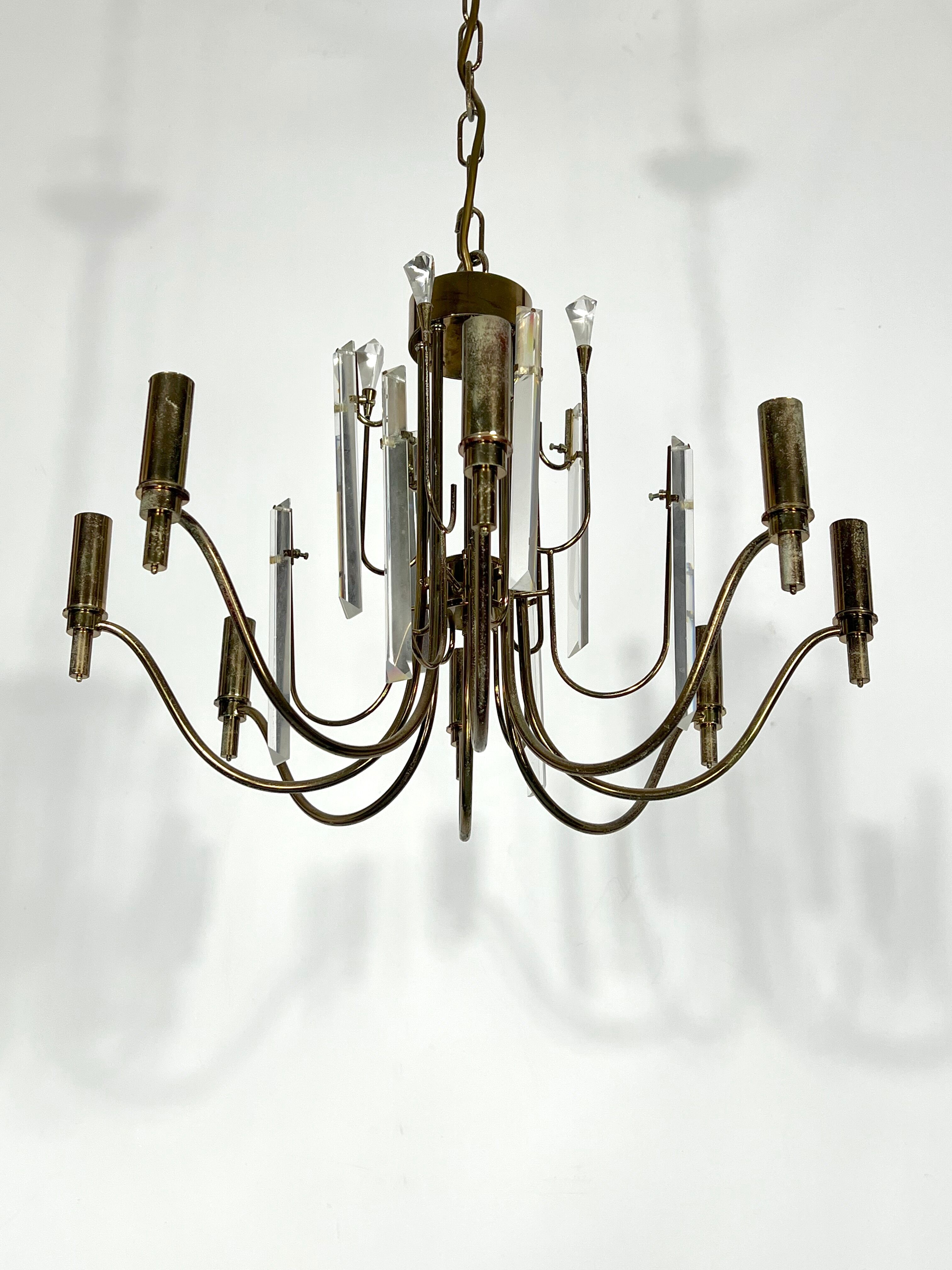 Vintage brass and glass Stilkronen chandelier, Italy 1970s