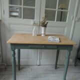 Table, desk Smoked green base, wooden top.