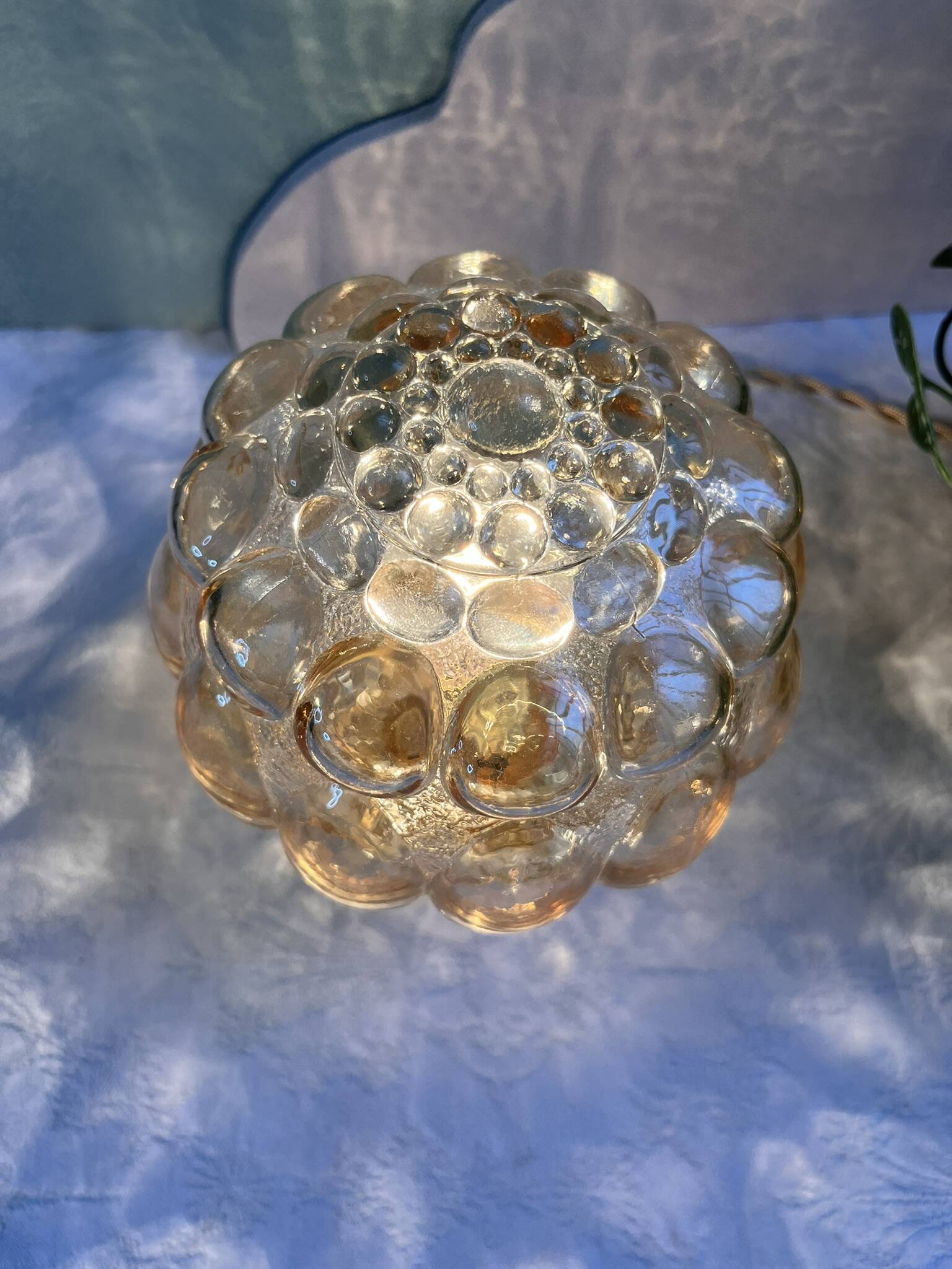Vintage glass table lamp - amber bubble globe