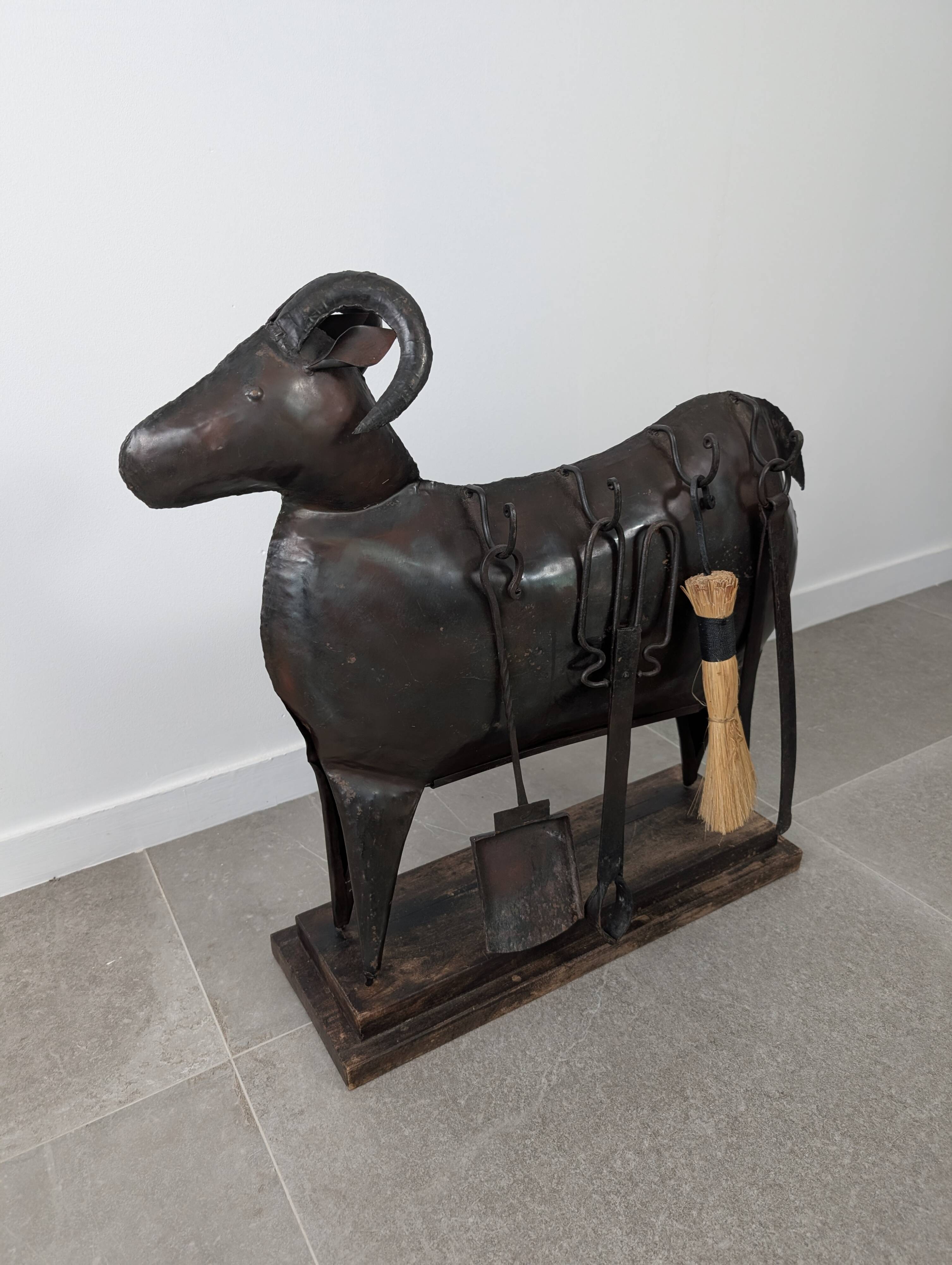 Brutalist Ram Shaped Fireplace Tool Set in Hand Forged Metal