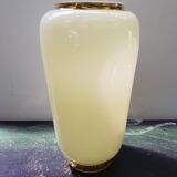 Old creamy white opaline vase with birds decor & vintage gilding