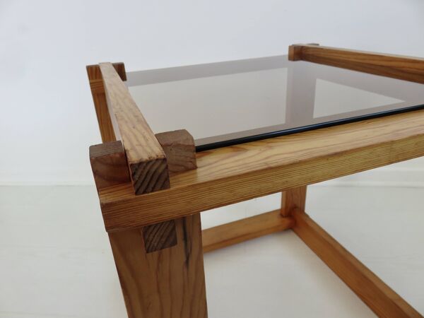 Table de chevet ou table d'appoint scandinave en pin et verre fumé, 1980