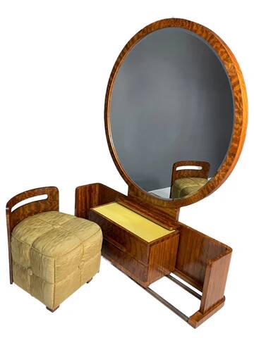 Art Deco vanity with stool, walnut, Czechoslovakia, 1930s