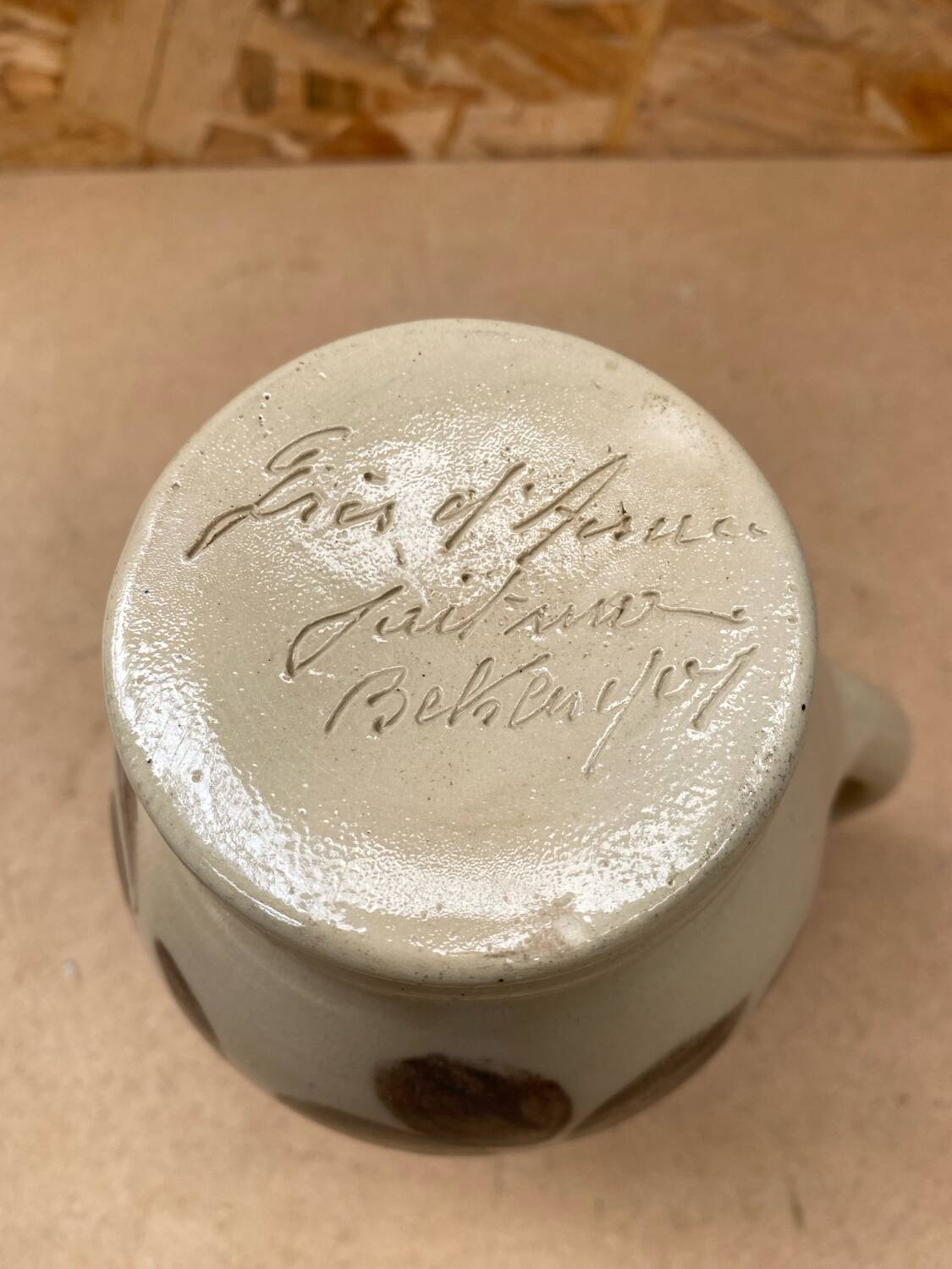 Old pitcher betschsorf stoneware beige deco flowers brown blue vintage