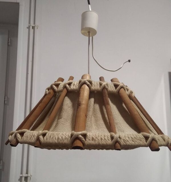 Lustre suspension scandinave bois brut et lin