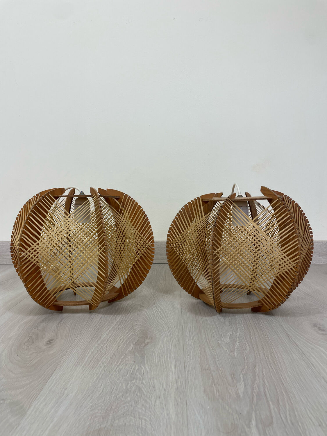 Pair of Scandinavian pendant lamps in wood and wires