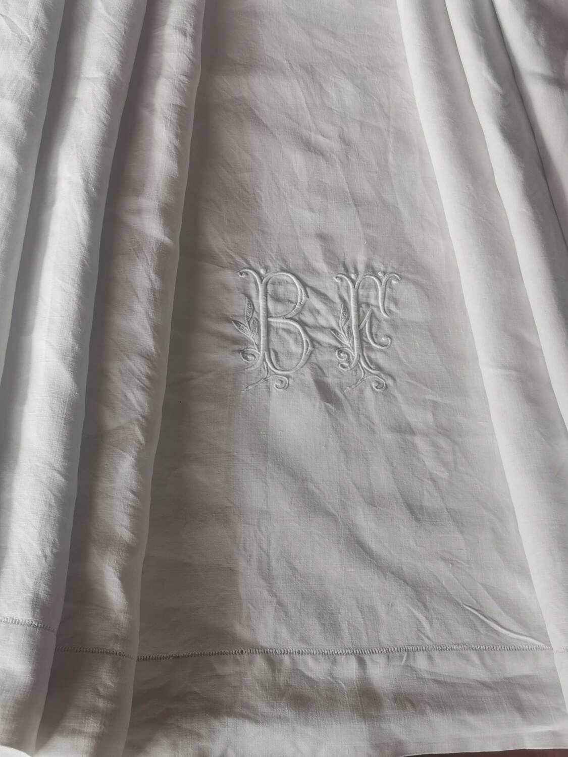 Old very large linen sheet monogrammed BF
