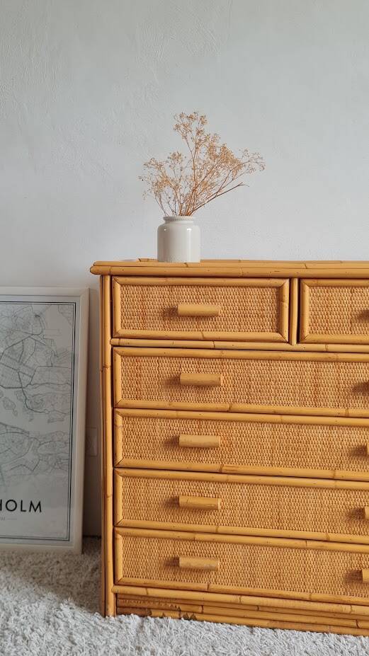 Vintage rattan chest of drawers from the 1970s.
