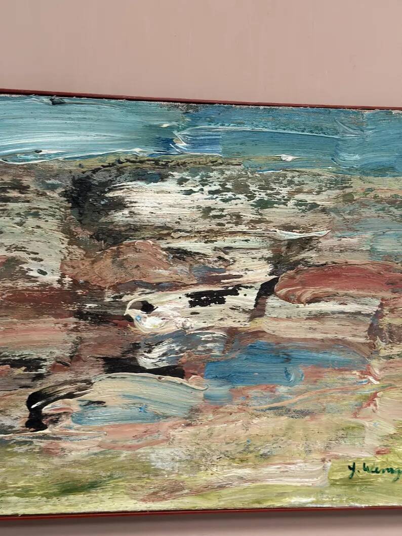 Huile sur toile originale suédoise - 'Komposition' par Yngve Werngren - Signée et datée 1974 - Vintage et encadrée - 53 × 36 cm (20,9" × 14,2")