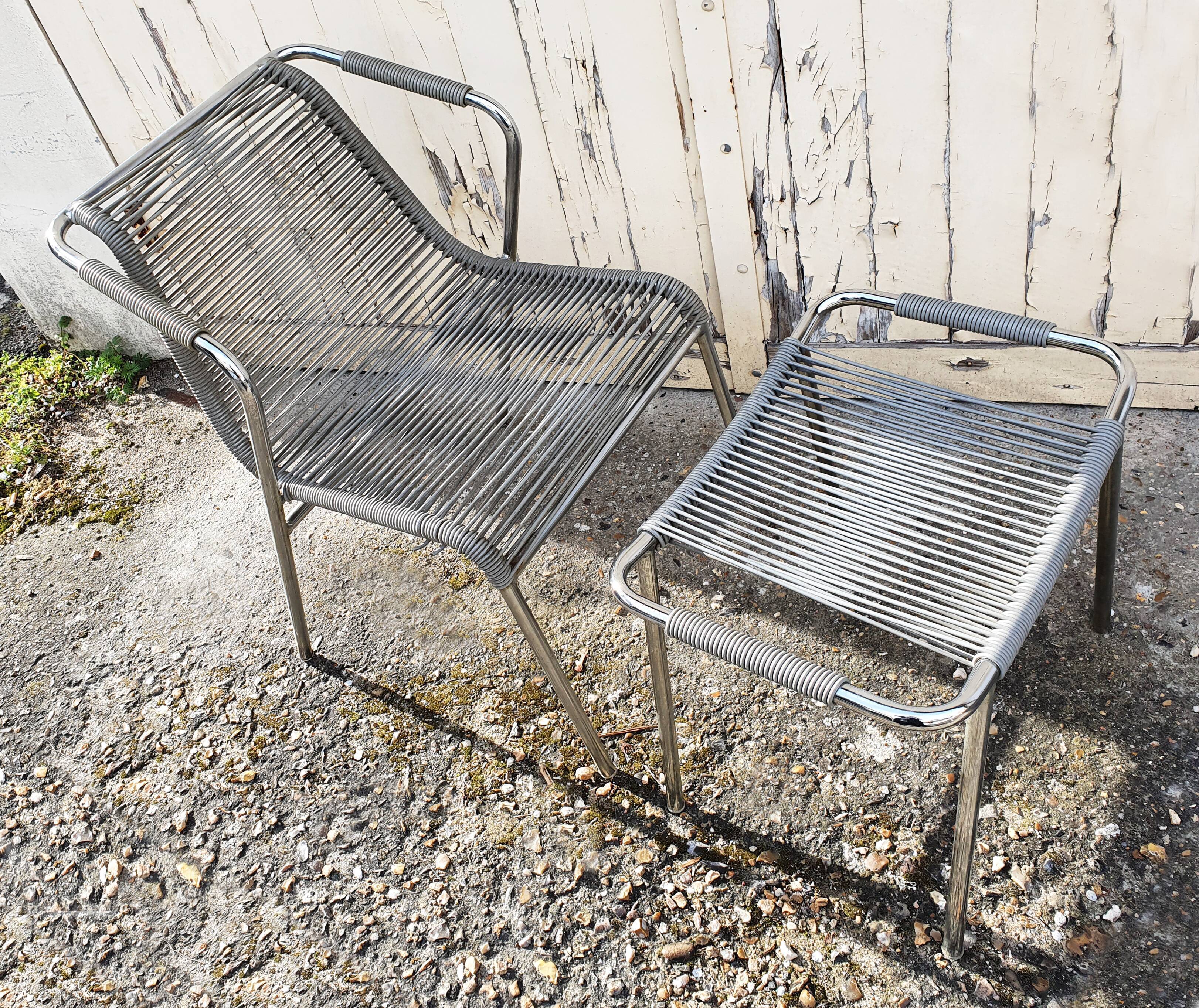 Armchair and ottoman scoubidou, gray, vintage, 70s