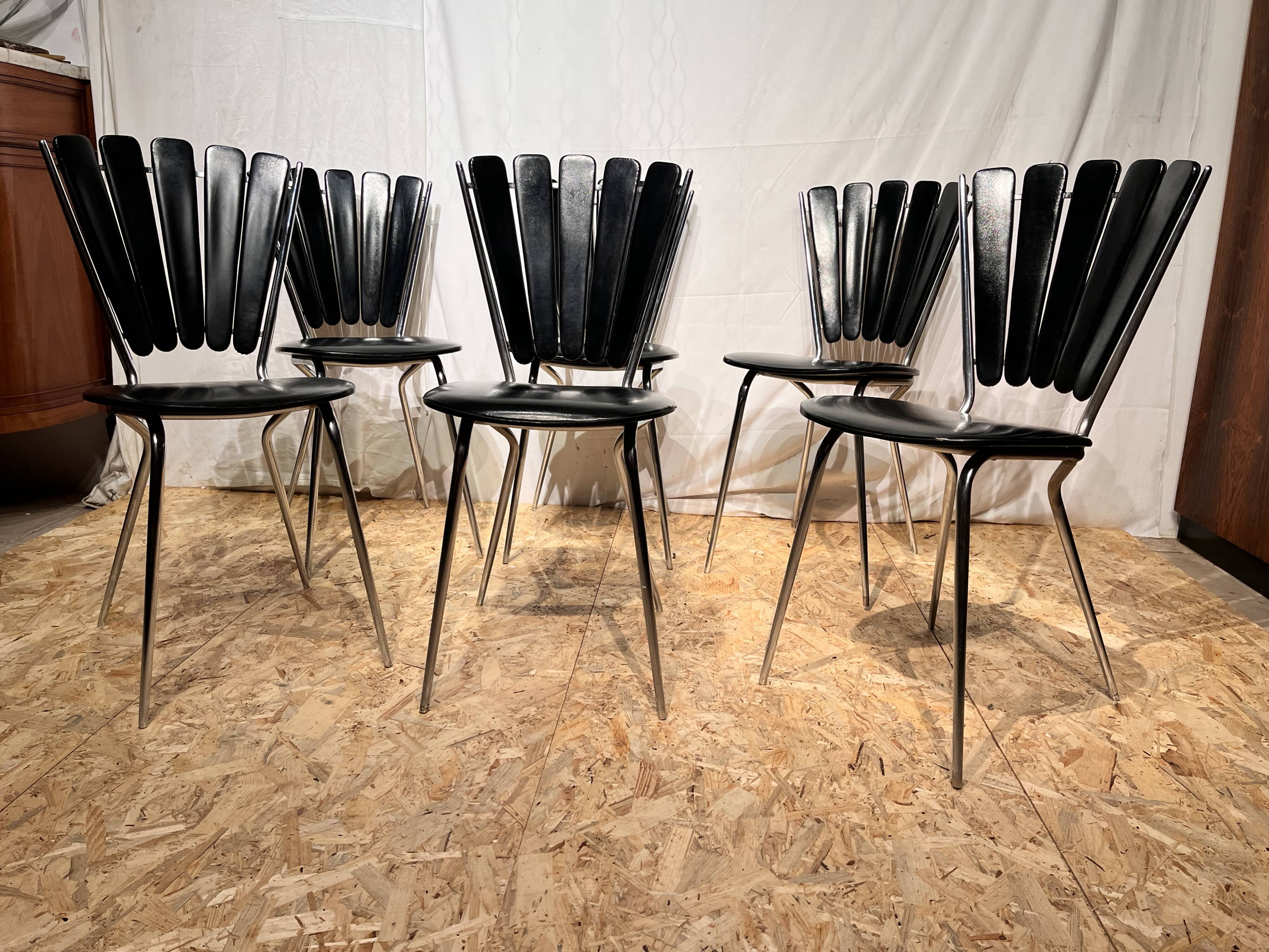 6 vintage chairs 1950 chrome skaï black