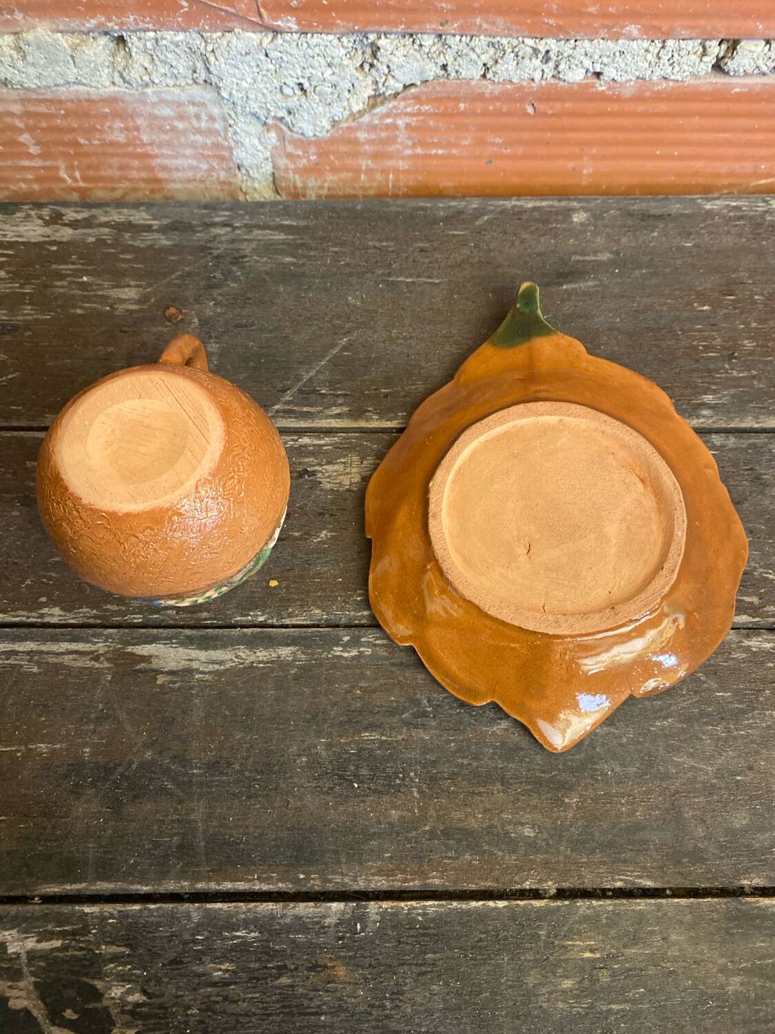 Teapot + 3 Antique Glazed Terracotta Cups Landscape Decor Vintage