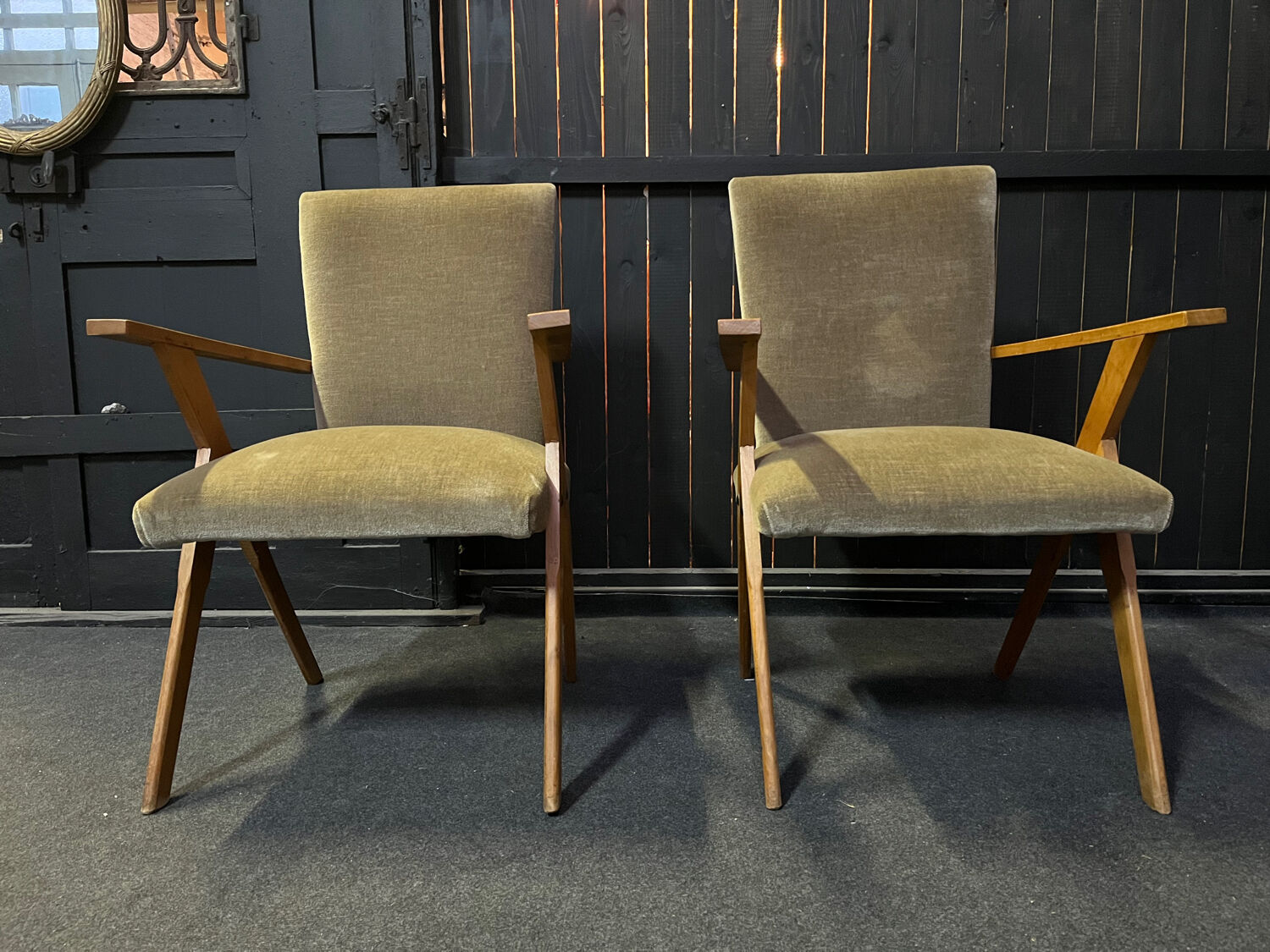 Pair of compass leg armchairs Velvet 1950