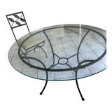 green table on wrought iron legs + 6 matching chairs