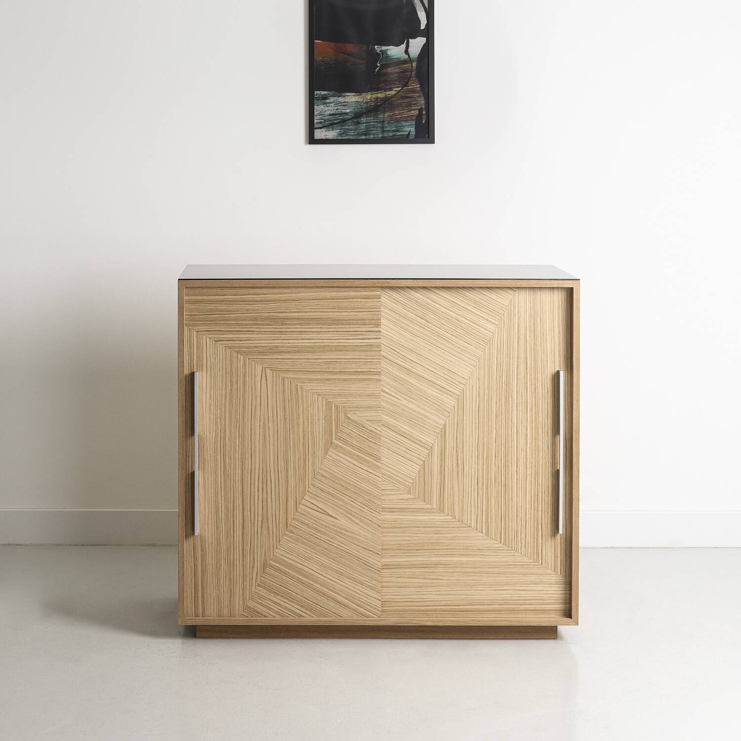 Custom-made oak bar buffet with a smoked glass top