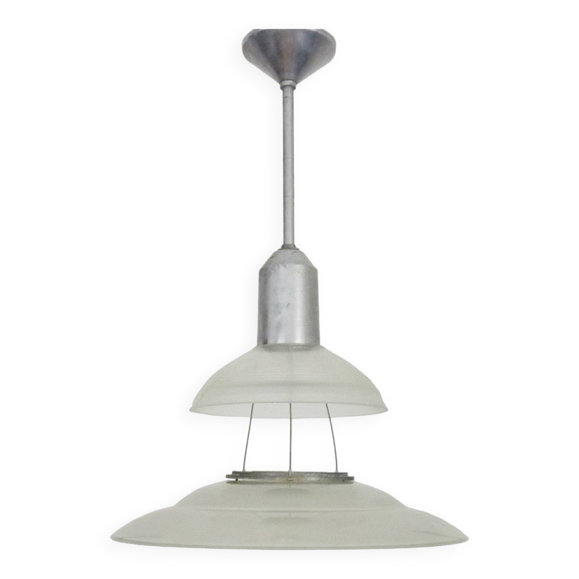 Chandelier, Space Age Flying Saucer Pendant Light, Holophane Style, Industrial Glass. 70s
