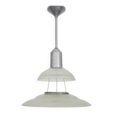 Chandelier, Space Age Flying Saucer Pendant Light, Holophane Style, Industrial Glass. 70s