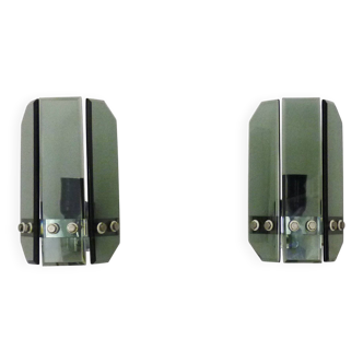 Pair of Italian wall lights in transparent blue-grey glass from the 70s