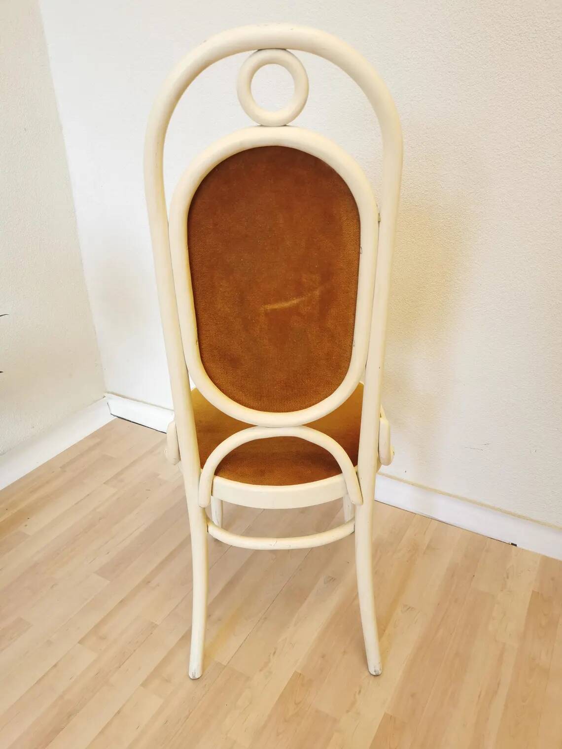 Vintage Thonet Bentwood Dining Chair: White Wood, Yellow Fabric, 1970s Yugo