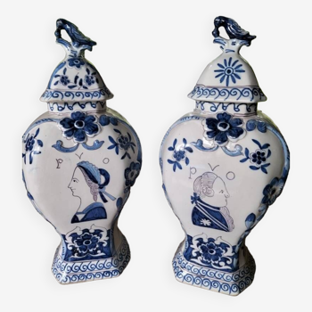 Pair of Dutch Delft earthenware lidded jars