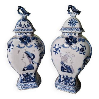 Pair of Dutch Delft earthenware lidded jars