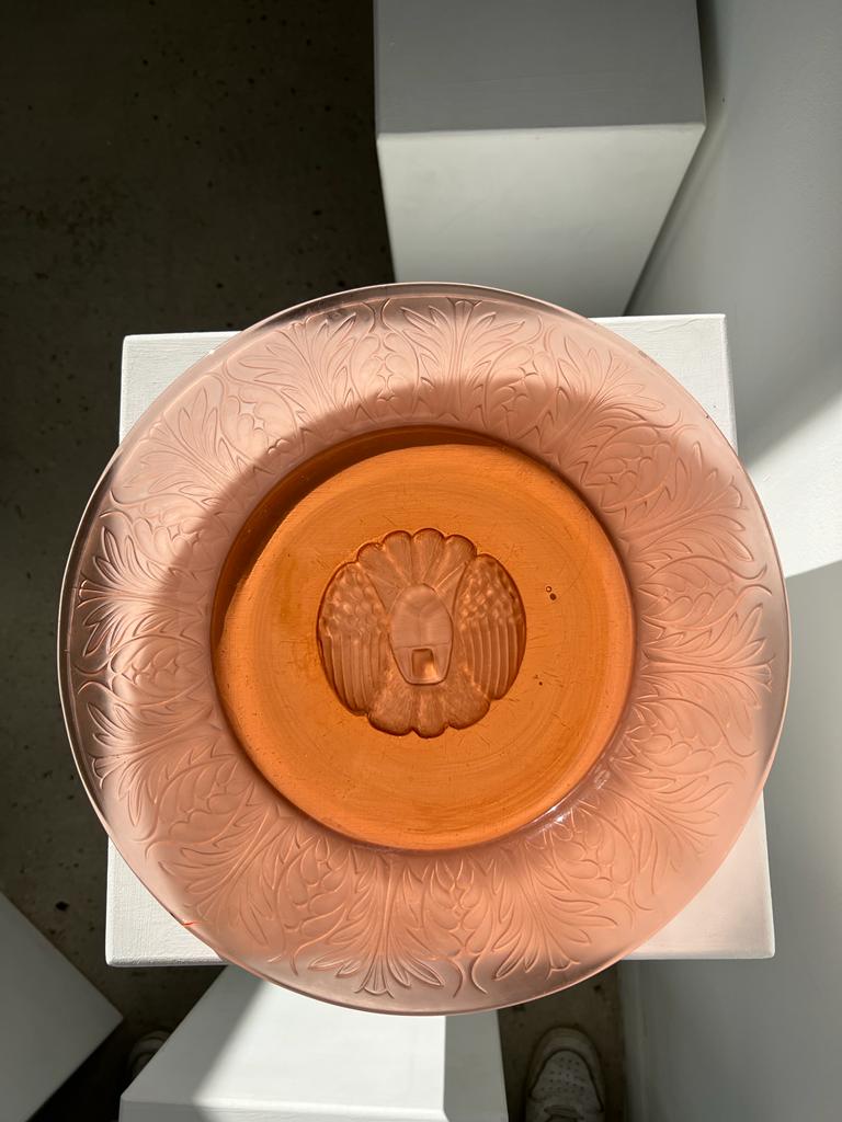 Molded pink glass dish art nouveau patterns D: 31.5cm