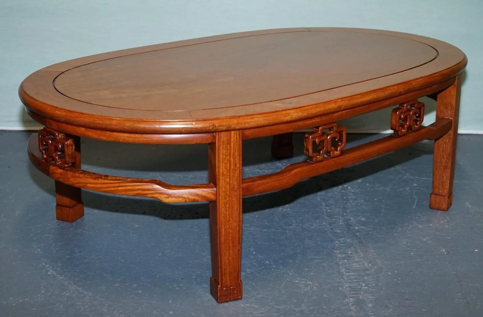 Vintage Oriental Low Table in Carved Brown Teak, China
