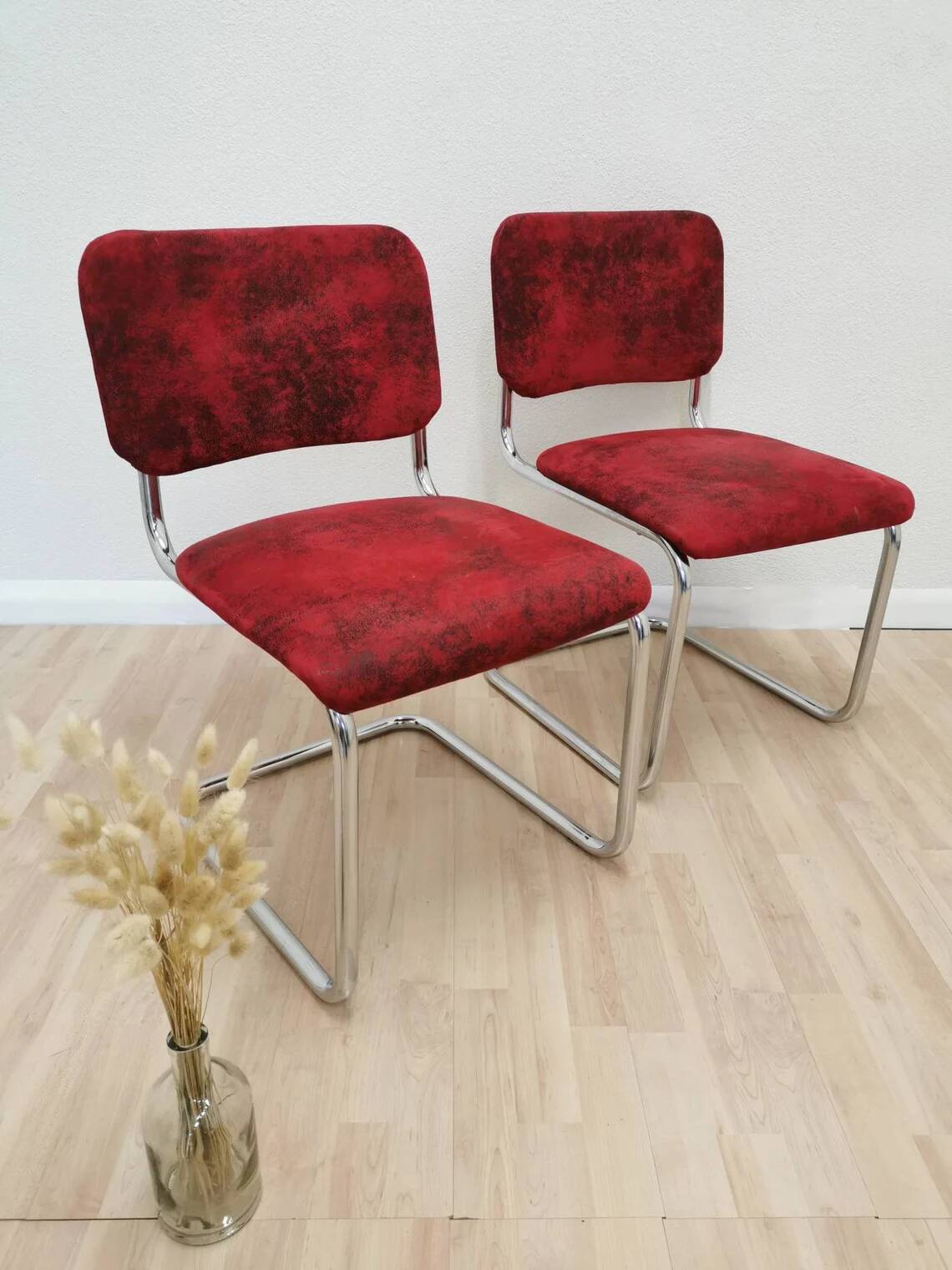 Set of 2 Dining Chair: Red Fabric, Tubular Frame, Retro 1970s