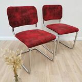 Set of 2 Dining Chair: Red Fabric, Tubular Frame, Retro 1970s