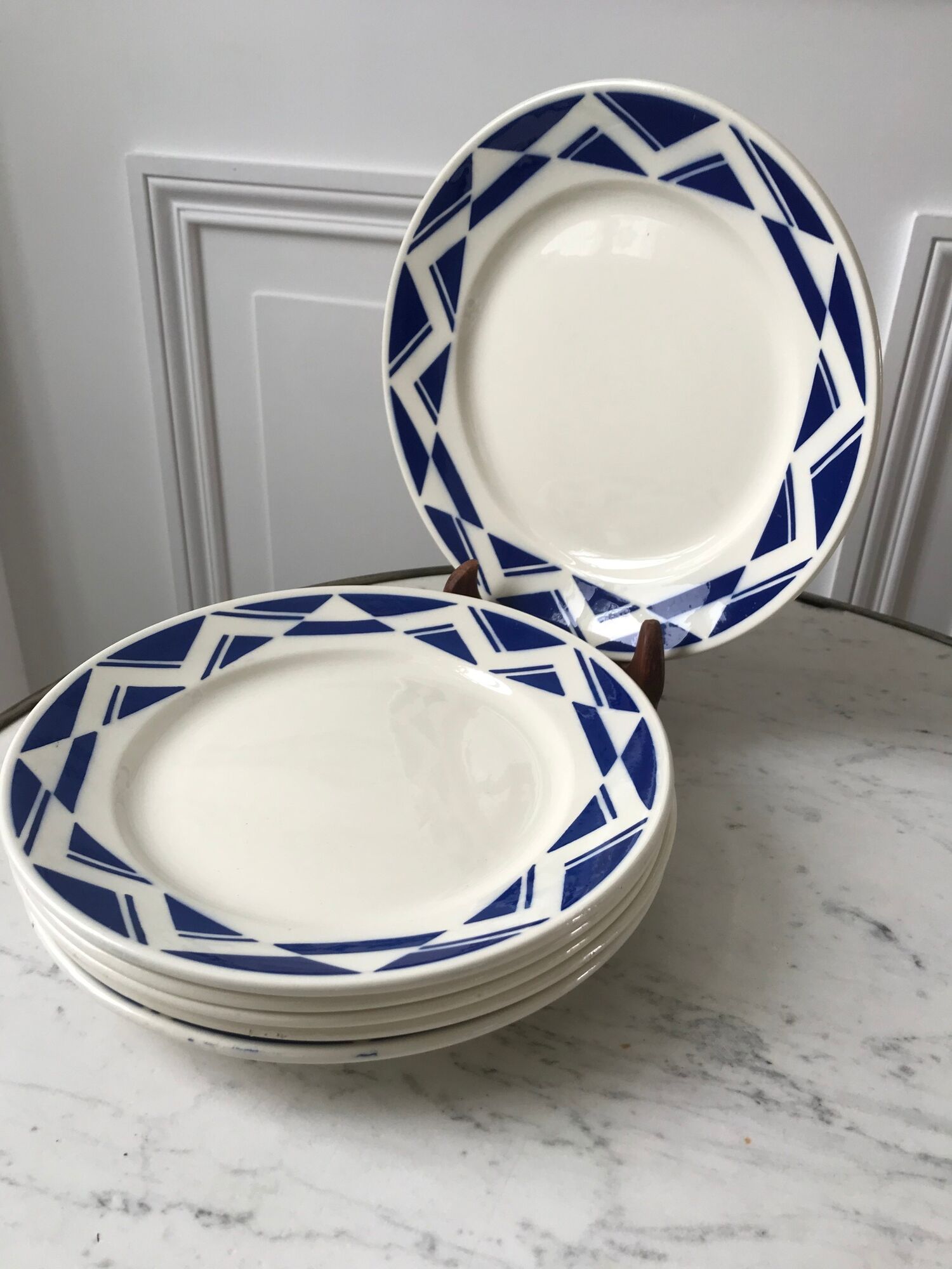 Set of 6 flat plates Badonviller model Courtilles royal blue art deco 30s
