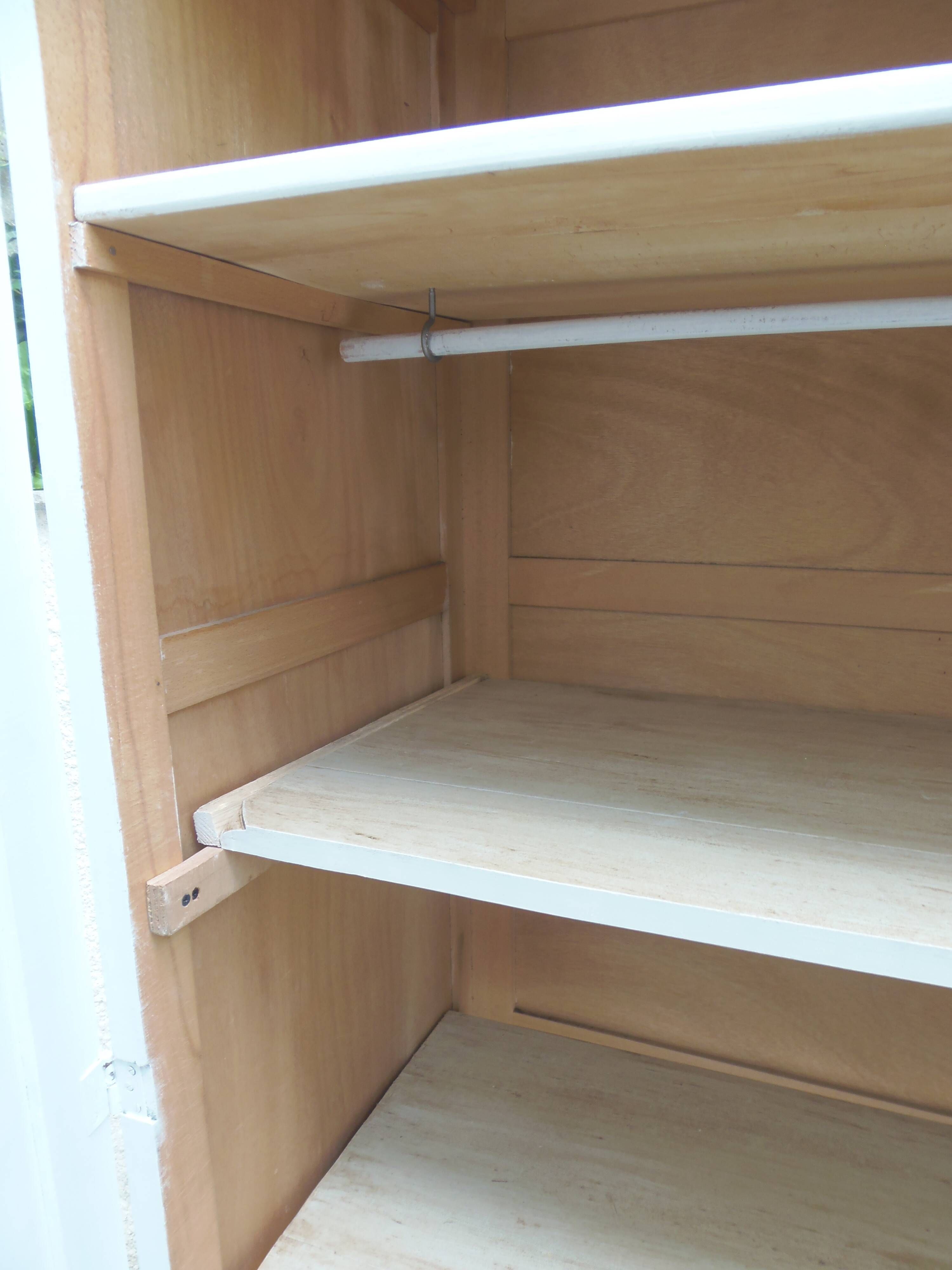 1950s wardrobe, 2 doors, one bar, 3 shelves, re-enchanted in pearl gray with waxed finish.
