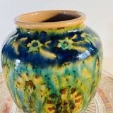 Petit vase en grès vintage dans les teintes vertes, effets craquelés