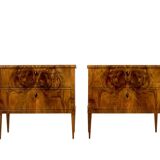 Elegant pair of Biedermeier style walnut commodes, Germany, French polish.