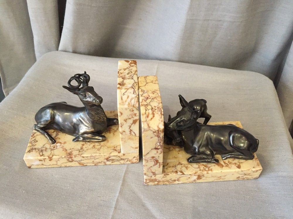 Pair of marble bookends and ruler representing a deer with his mother and a deer