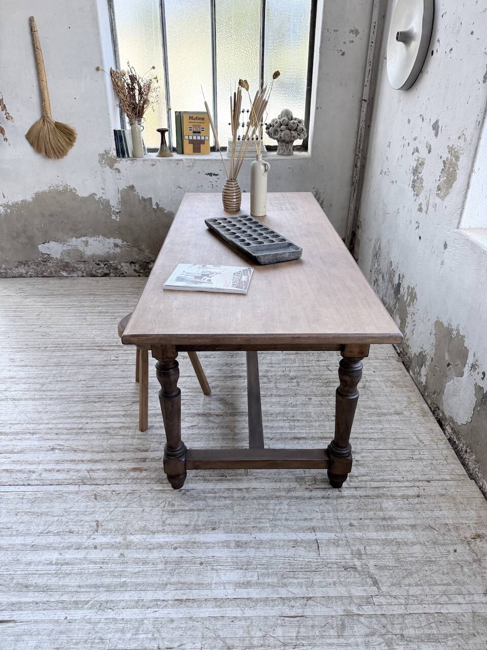 Farm table with turned legs, made of pine and birch, 180cm.