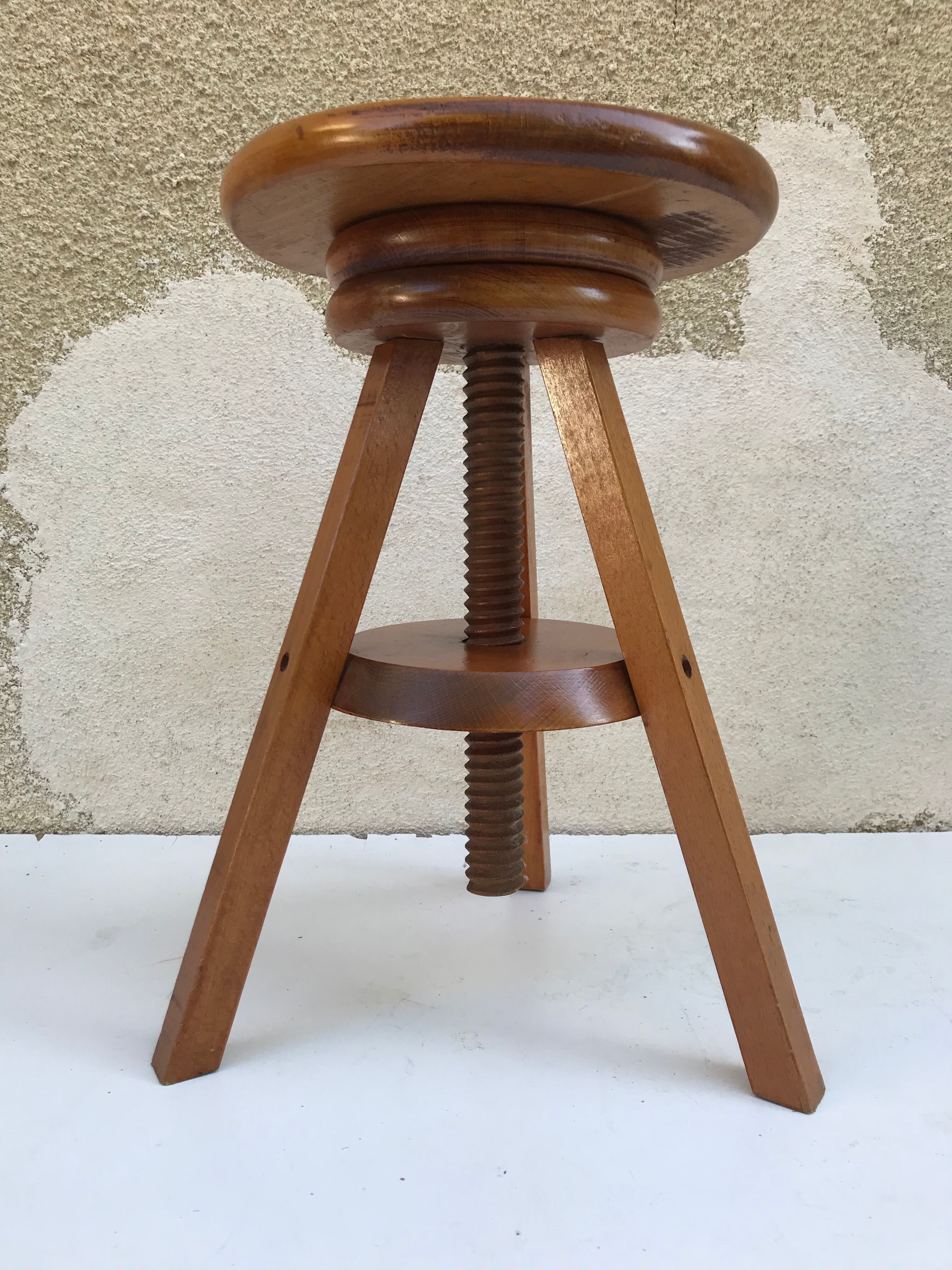 Stool former painter tripod adjustable screw 70s vintage wooden