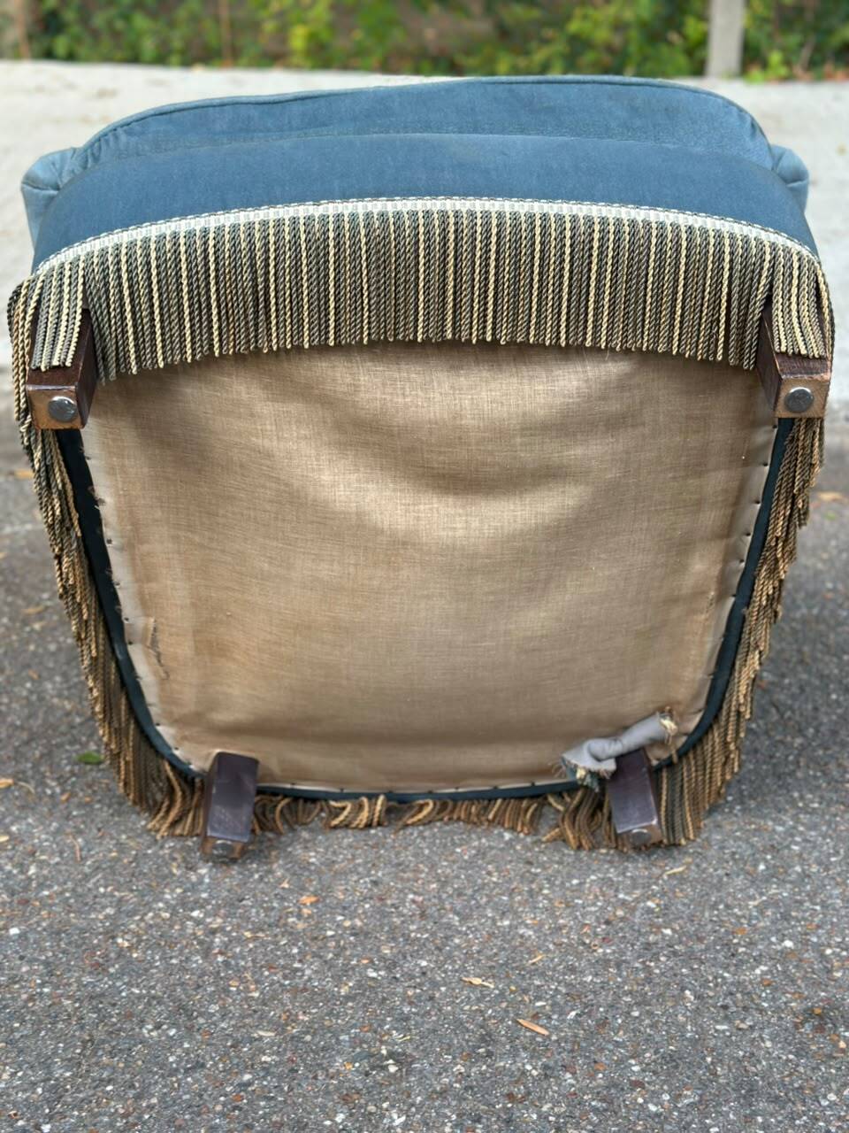 Vintage BUROV crapaud armchair in blue velvet with fringes – 1960s/70s