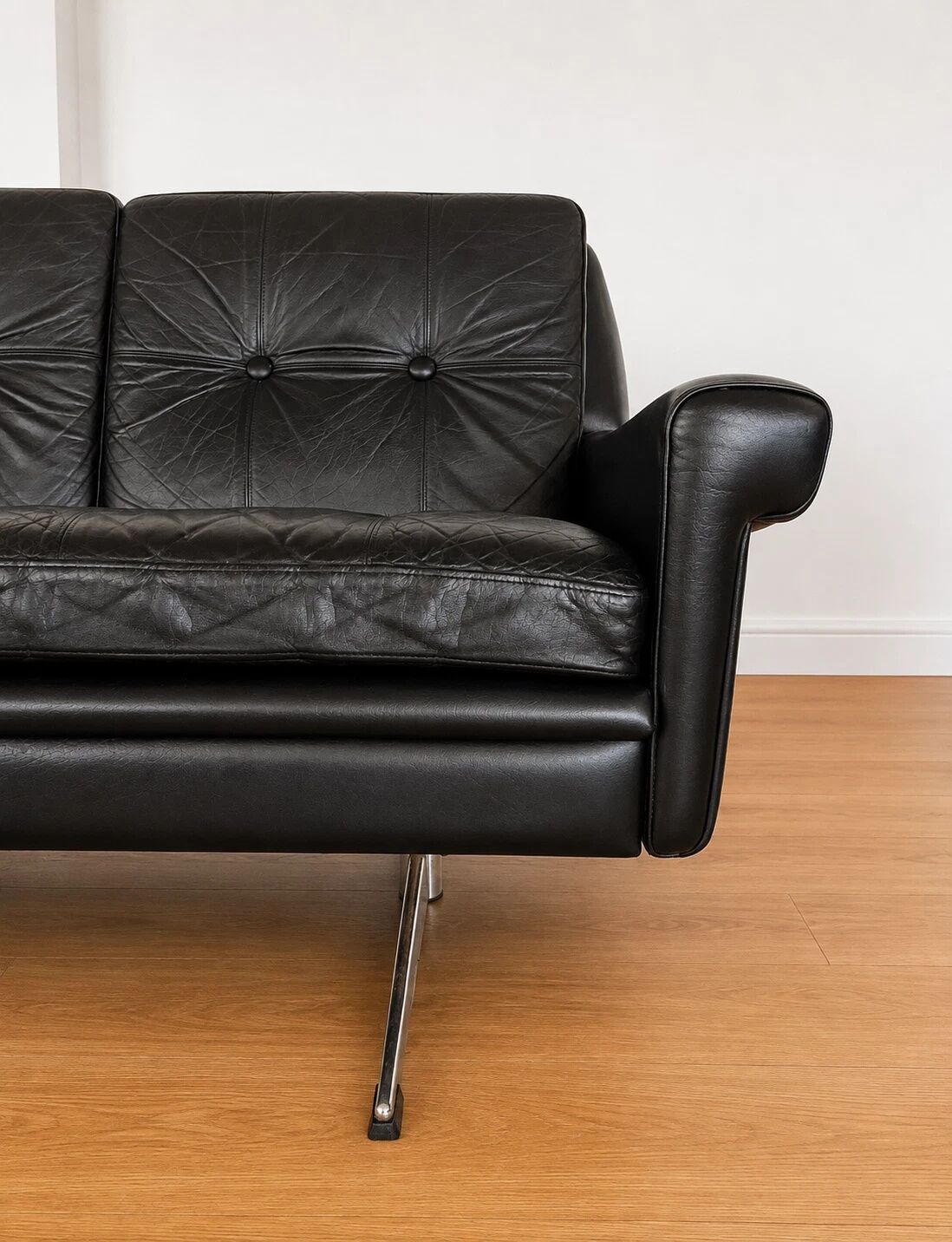 Vintage Danish Svend Skipper 4 person sofa in black leather and chrome