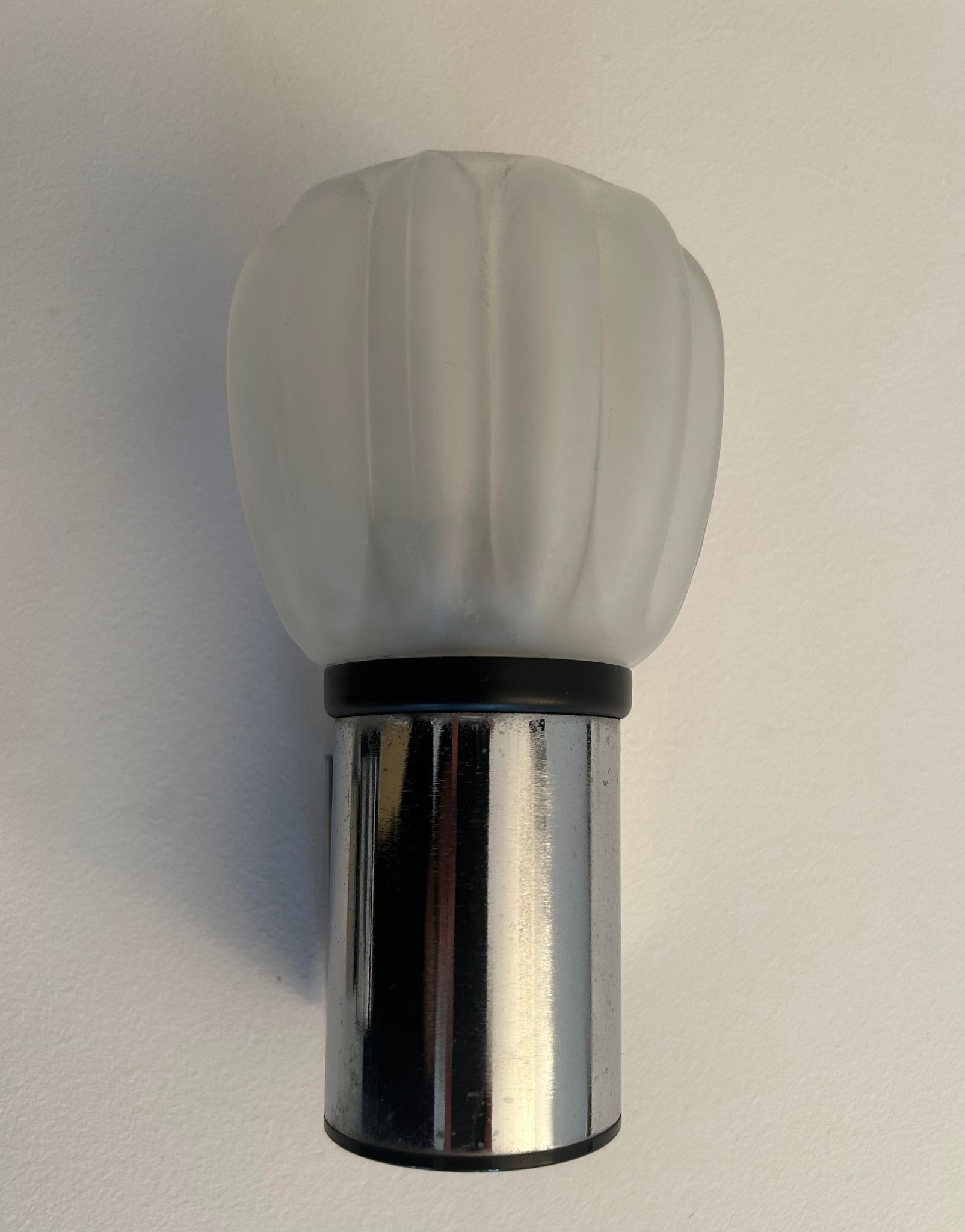 Pair of vintage wall lamps, sandblasted glass and chromed metal, France 1970