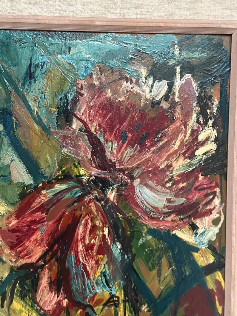 Original Swedish Oil on Panel – "Pink Flower" by Owe Wessbohn – Signed – Vintage and Framed – 69 × 51 cm (27.2" × 20.1")