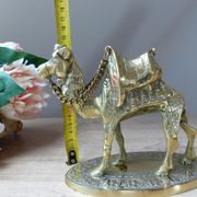 Vintage handmade brass camel figurine sculpture on base.