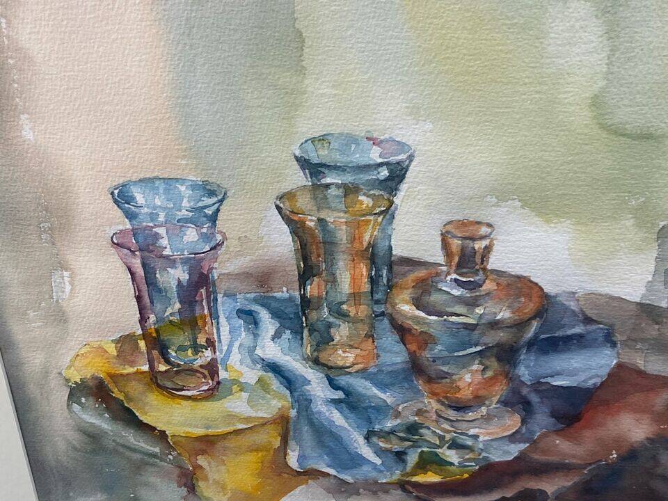 Watercolor painting Still Life with Glasses signed Guy Barbier