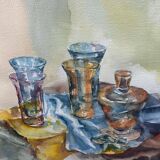 Watercolor painting Still Life with Glasses signed Guy Barbier