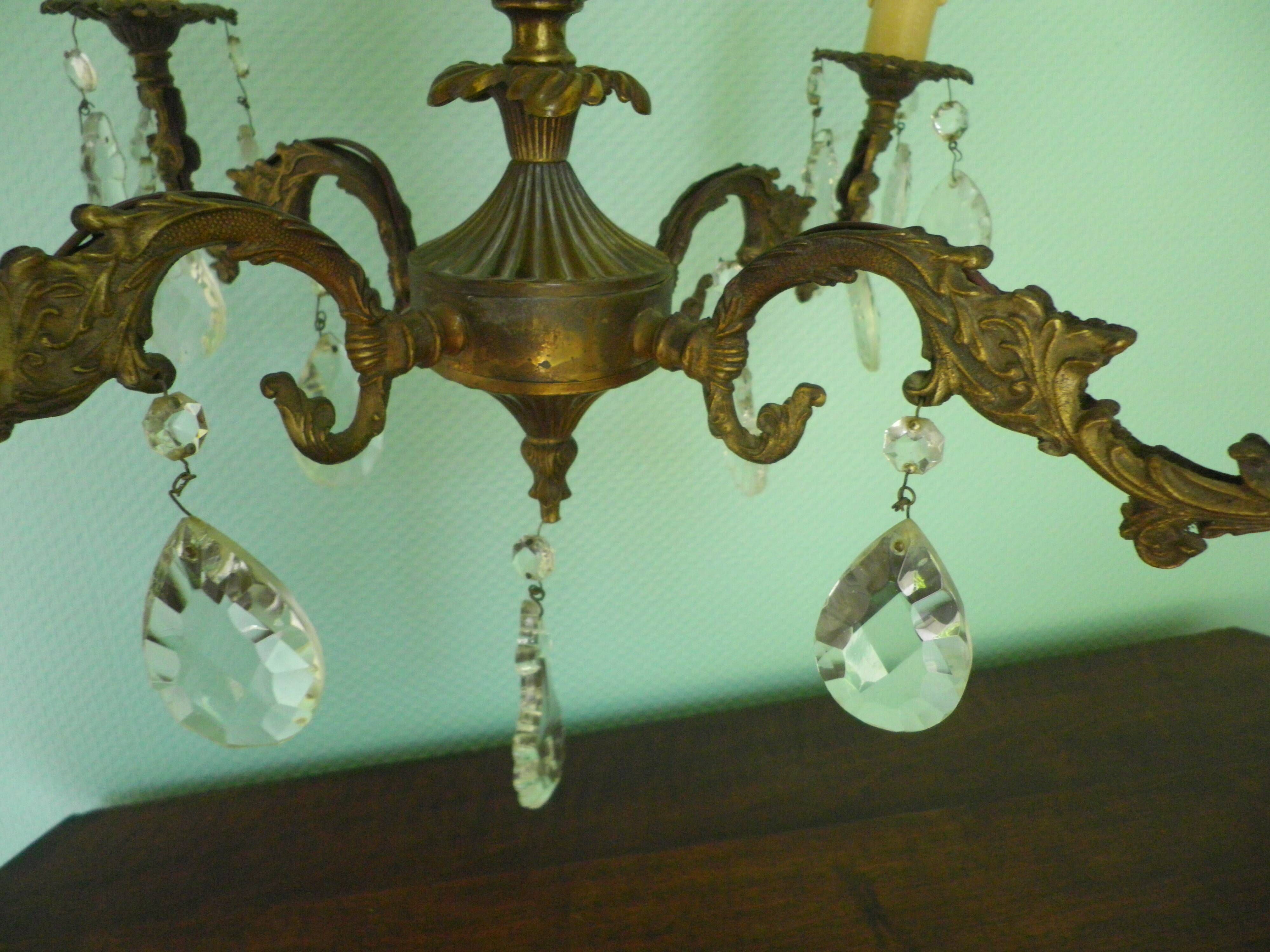 Rococo chandelier with crystal pendants, 4 lights, brass and metal 1950/1960