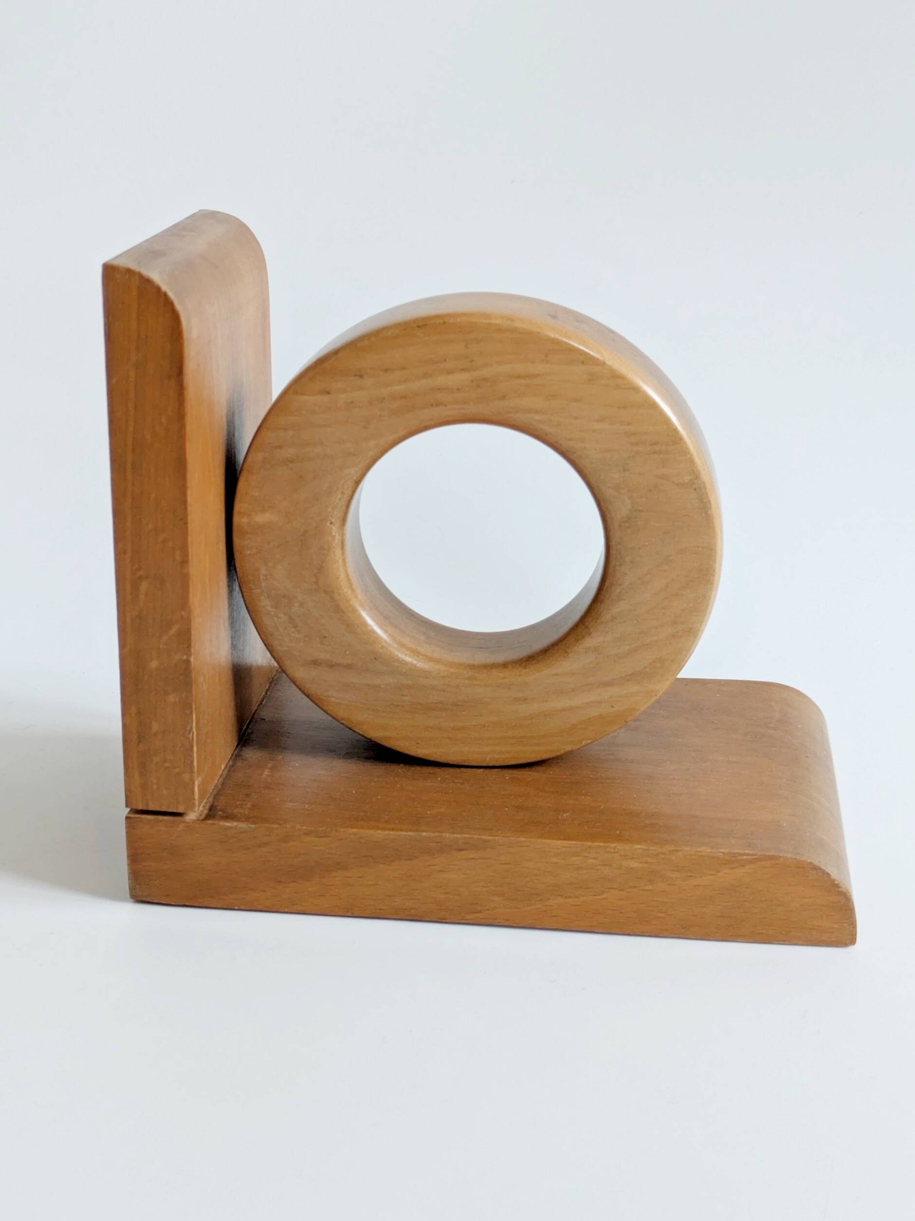 Vintage wooden bookends in Bauhaus mid-century minimalist style.