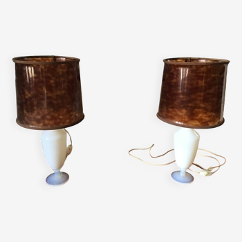 Pair of lamps in white blue opaline and tortoiseshell plastic lampshades